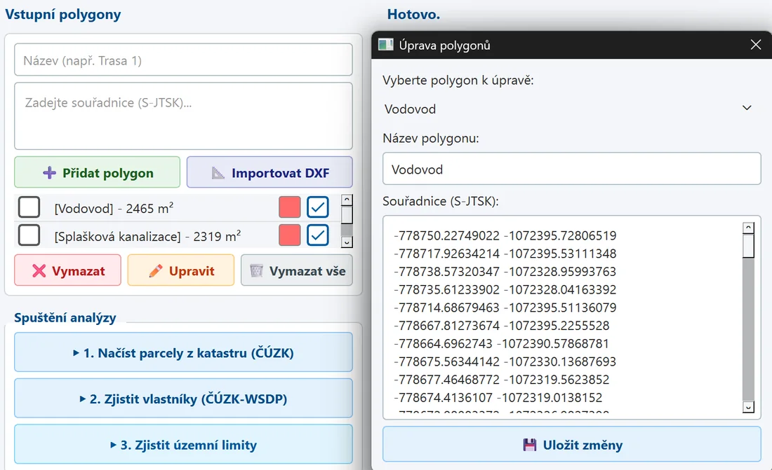 Panel vstupních polygonů s editorem souřadnic S-JTSK